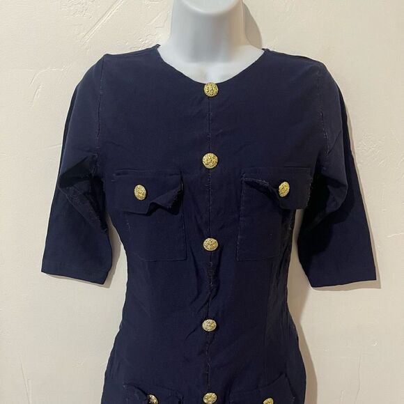 Renata Simonceles Women's Navy Crew Neck Midi Dress Gold Buttons Small - Picture 2 of 7